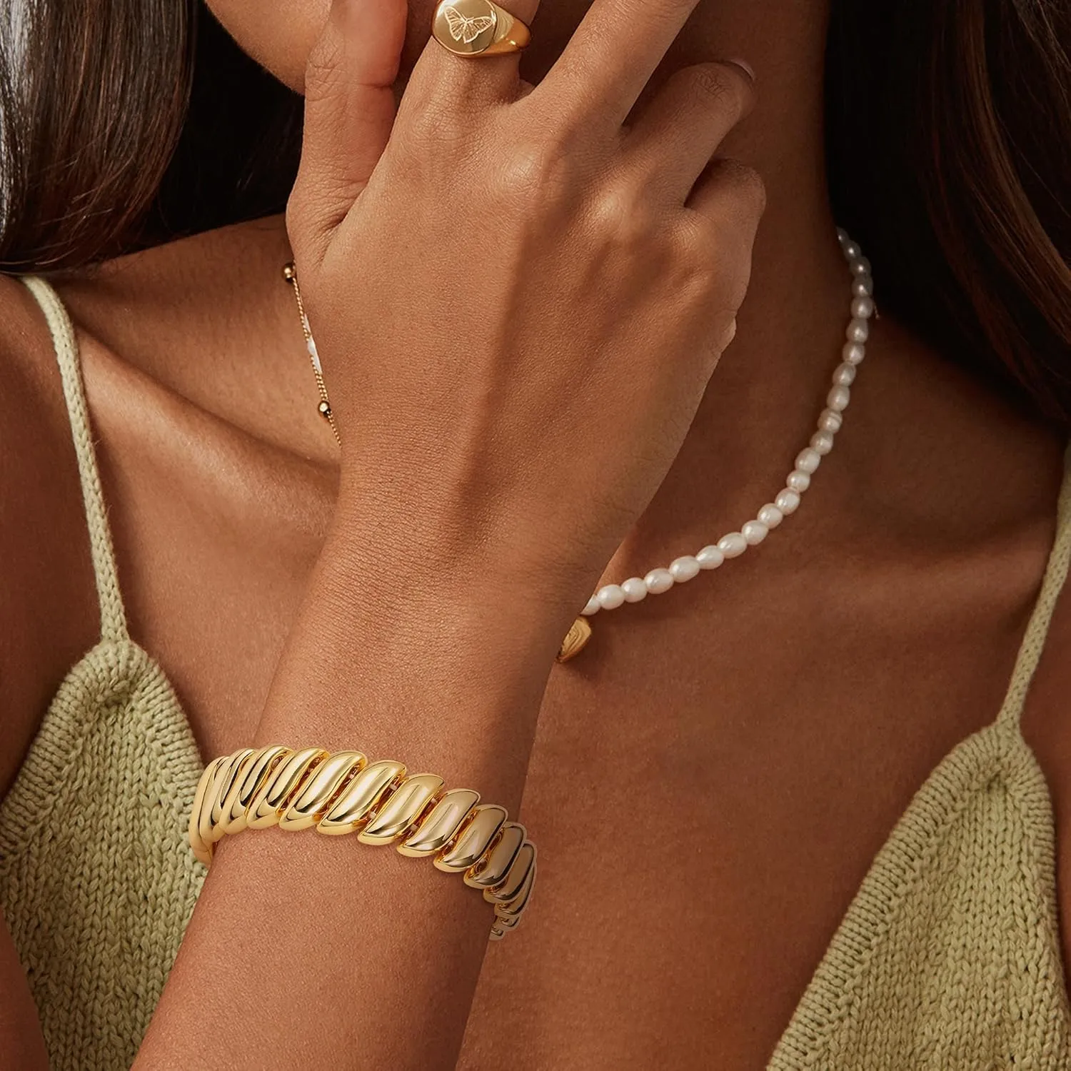 ORAZIO Gold Bangles for Women - 14K Gold Plated Cuff Bangle Bracelets Wide Chunky Gold Bracelet Waterdrop Open Wrist Cuff Bracelet Stretchable Thick Gold Bangles Irregular Twisted Womens Bangles Bracelets