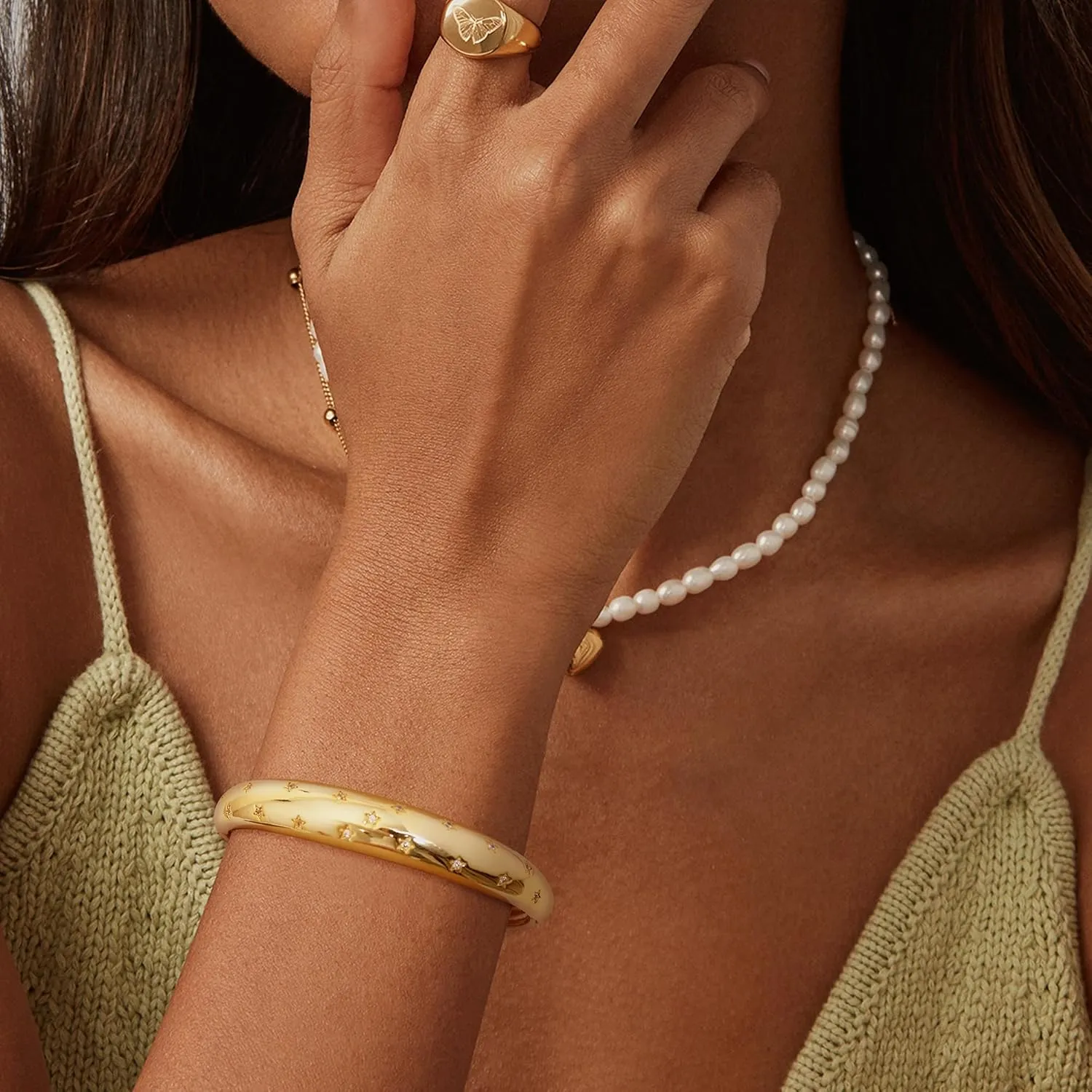 ORAZIO Gold Bangles for Women - 14K Gold Plated Cuff Bangle Bracelets Wide Chunky Gold Bracelet Waterdrop Open Wrist Cuff Bracelet Stretchable Thick Gold Bangles Irregular Twisted Womens Bangles Bracelets