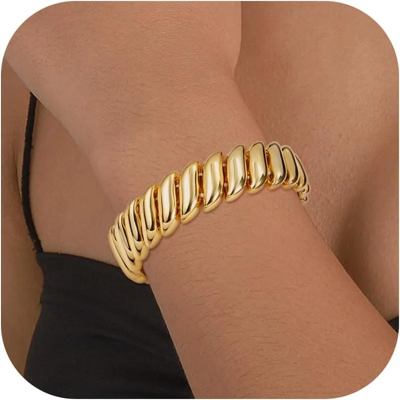 ORAZIO Gold Bangles for Women - 14K Gold Plated Cuff Bangle Bracelets Wide Chunky Gold Bracelet Waterdrop Open Wrist Cuff Bracelet Stretchable Thick Gold Bangles Irregular Twisted Womens Bangles Bracelets