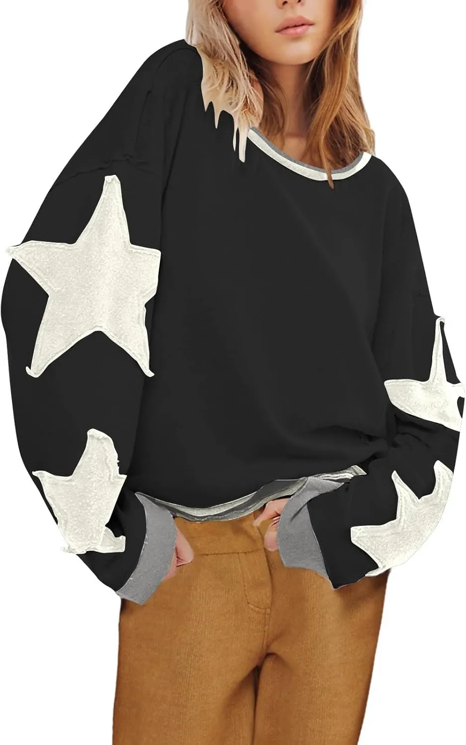 Oversized Graphic Sweatshirt for Women Y2k Long Sleeve Drop Shoulder Star Sweatshirts Trendy 2024 Fall Fashion