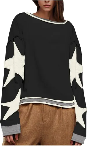 Oversized Graphic Sweatshirt for Women Y2k Long Sleeve Drop Shoulder Star Sweatshirts Trendy 2024 Fall Fashion