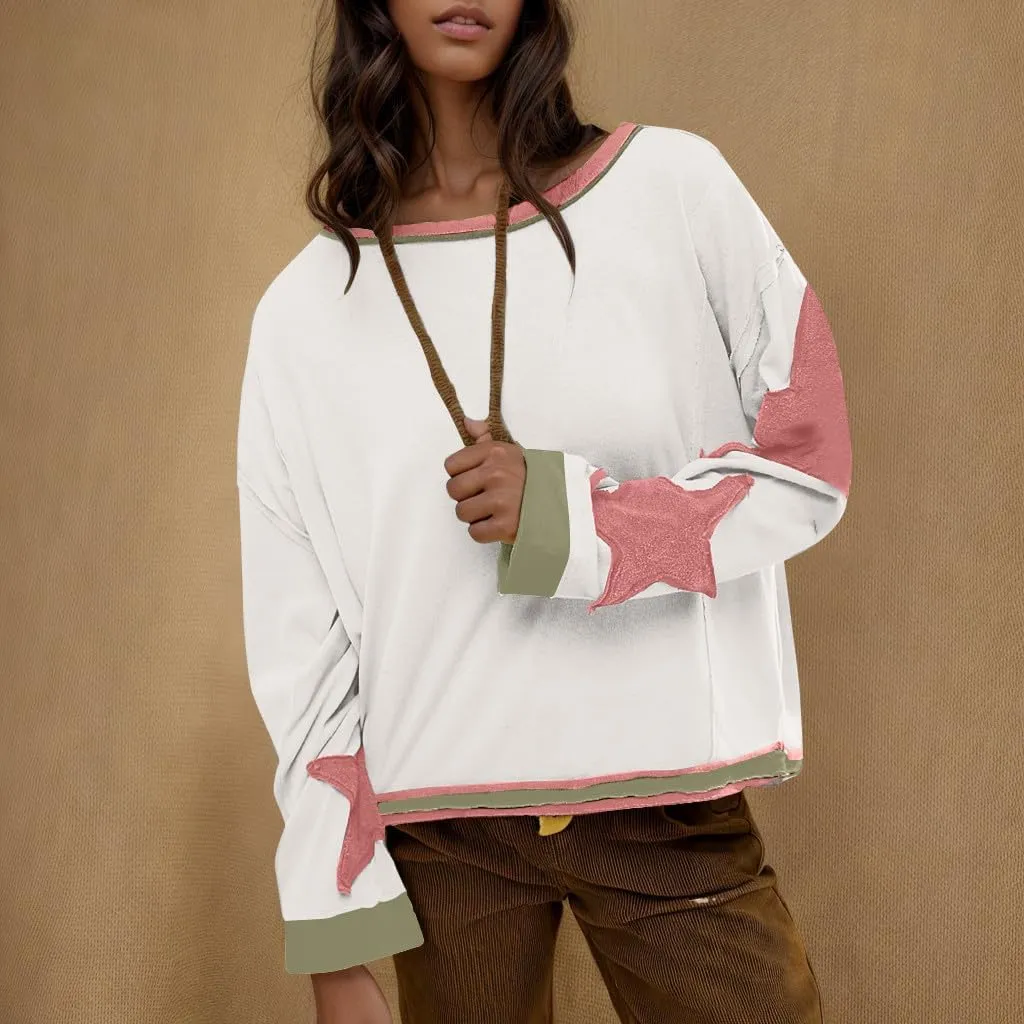 Oversized Graphic Sweatshirt for Women Y2k Long Sleeve Drop Shoulder Star Sweatshirts Trendy 2024 Fall Fashion