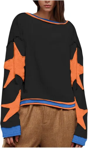 Oversized Graphic Sweatshirt for Women Y2k Long Sleeve Drop Shoulder Star Sweatshirts Trendy 2024 Fall Fashion