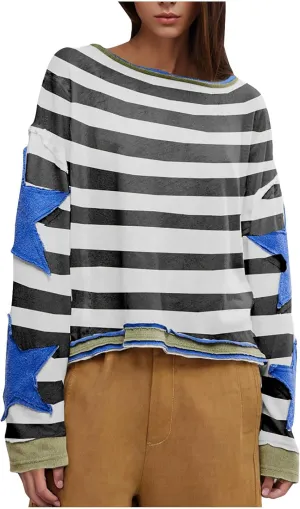 Oversized Graphic Sweatshirt for Women Y2k Long Sleeve Drop Shoulder Star Sweatshirts Trendy 2024 Fall Fashion