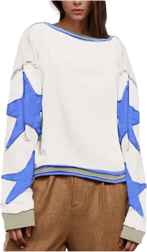 Oversized Graphic Sweatshirt for Women Y2k Long Sleeve Drop Shoulder Star Sweatshirts Trendy 2024 Fall Fashion
