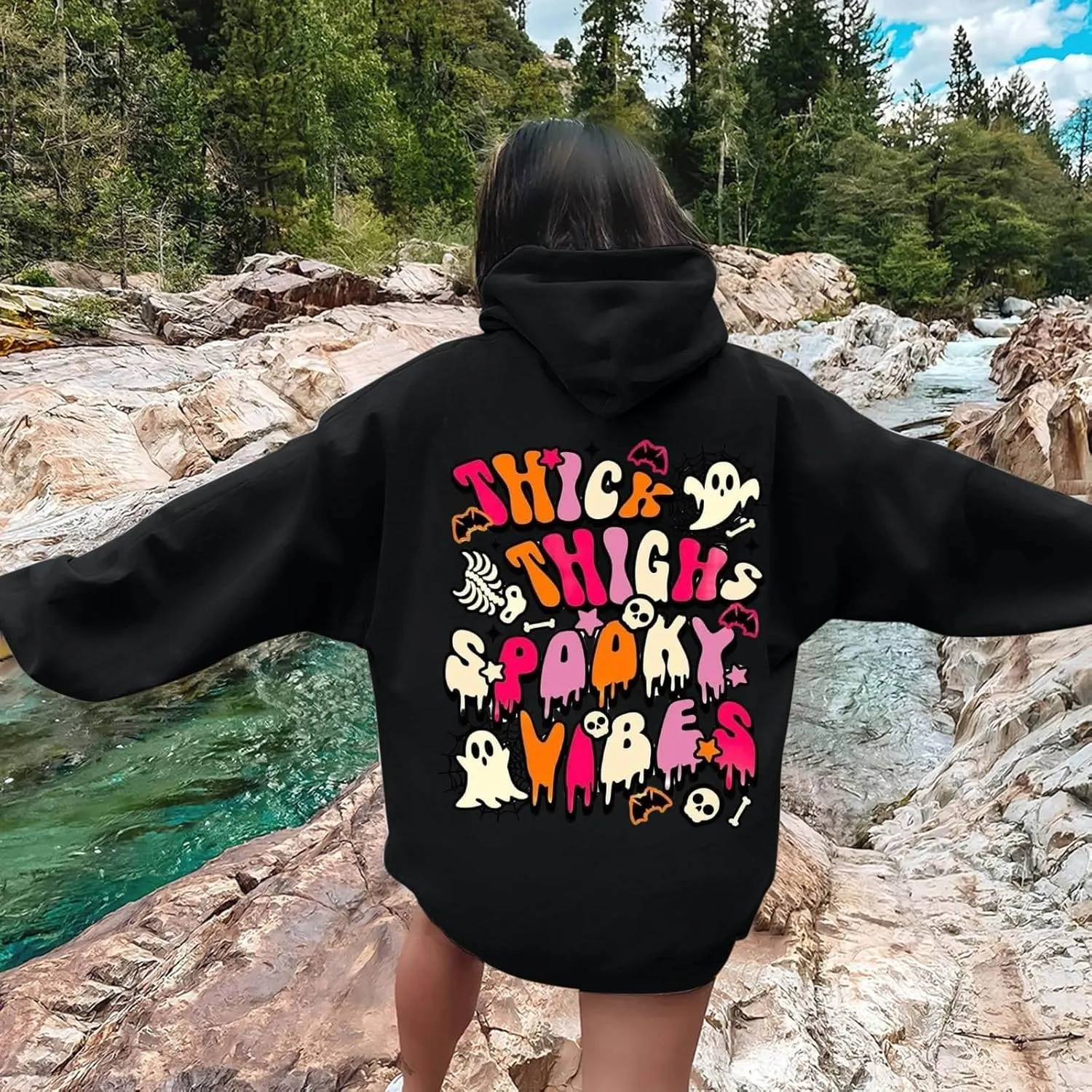 Oversized Hoodie for Women Thick Thighs and Spooky Vibes Casual Long Sleeve Drawstring Y2K Hooded Pullover Tops Travel Hoodie