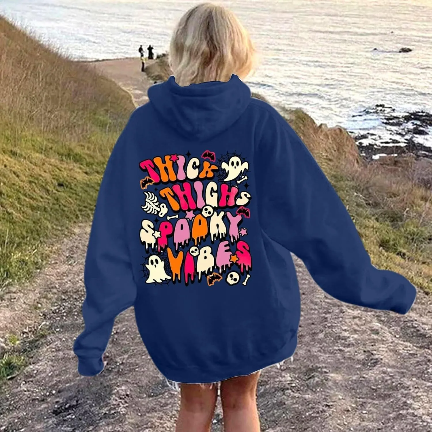 Oversized Hoodie for Women Thick Thighs and Spooky Vibes Casual Long Sleeve Drawstring Y2K Hooded Pullover Tops Travel Hoodie