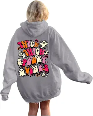 Oversized Hoodie for Women Thick Thighs and Spooky Vibes Casual Long Sleeve Drawstring Y2K Hooded Pullover Tops Travel Hoodie