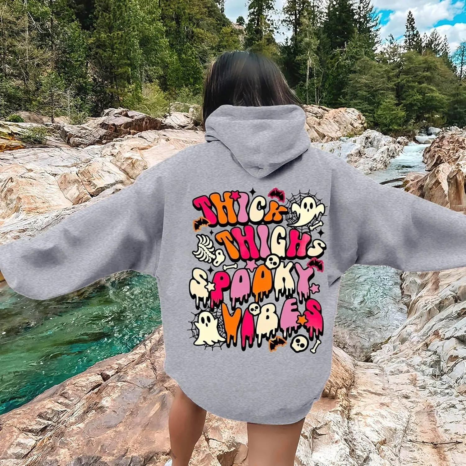 Oversized Hoodie for Women Thick Thighs and Spooky Vibes Casual Long Sleeve Drawstring Y2K Hooded Pullover Tops Travel Hoodie