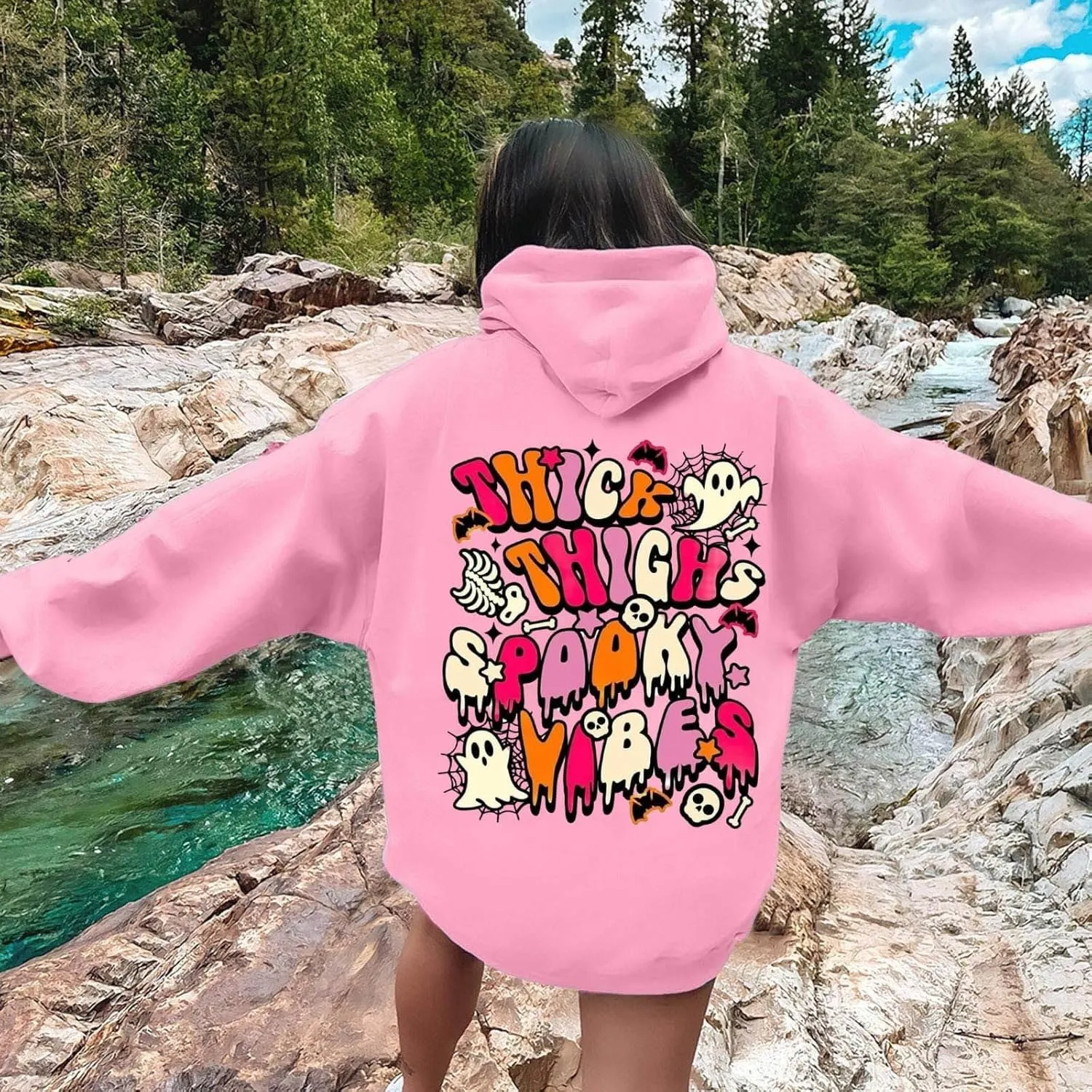 Oversized Hoodie for Women Thick Thighs and Spooky Vibes Casual Long Sleeve Drawstring Y2K Hooded Pullover Tops Travel Hoodie