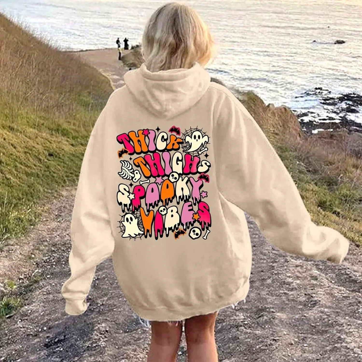 Oversized Hoodie for Women Thick Thighs and Spooky Vibes Casual Long Sleeve Drawstring Y2K Hooded Pullover Tops Travel Hoodie