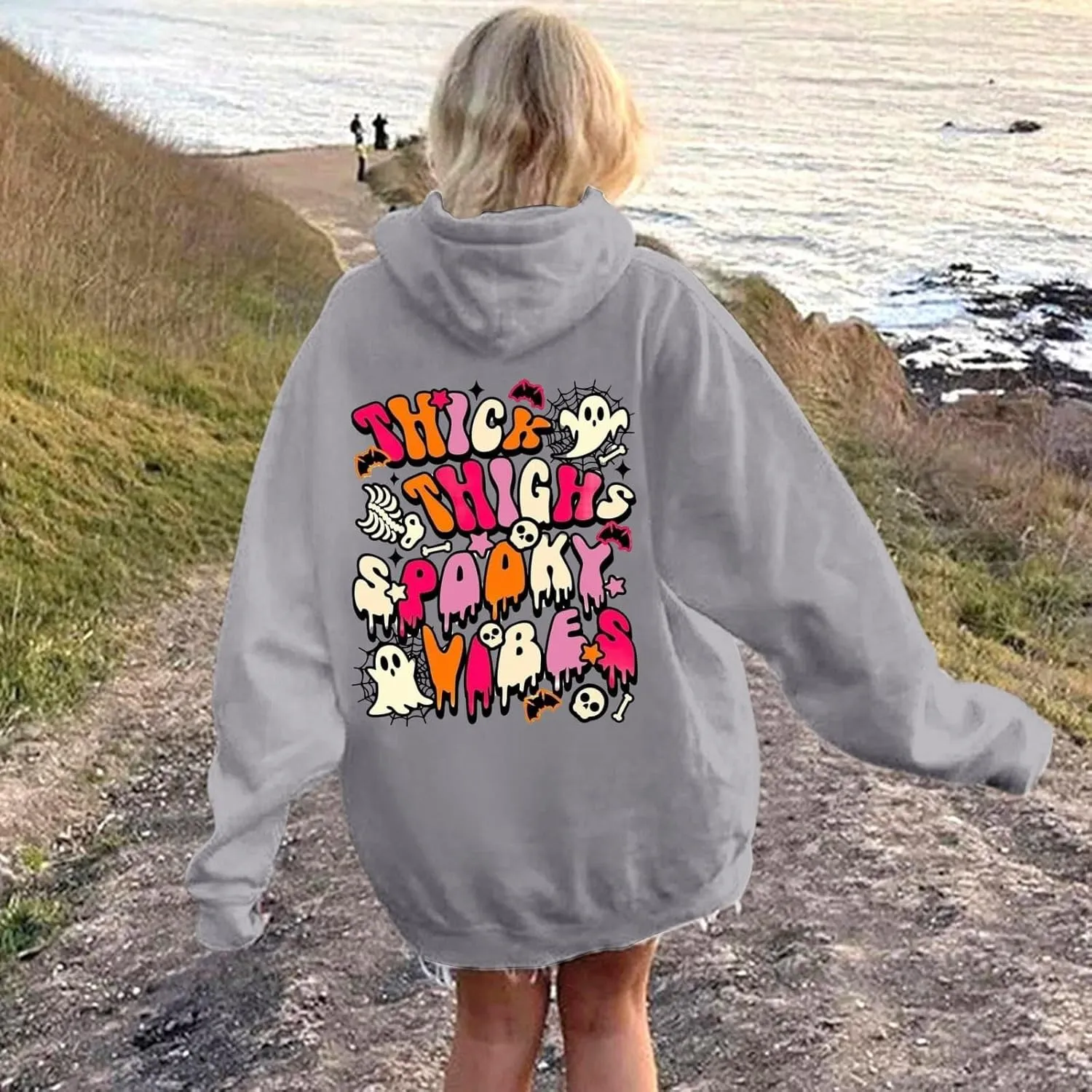 Oversized Hoodie for Women Thick Thighs and Spooky Vibes Casual Long Sleeve Drawstring Y2K Hooded Pullover Tops Travel Hoodie