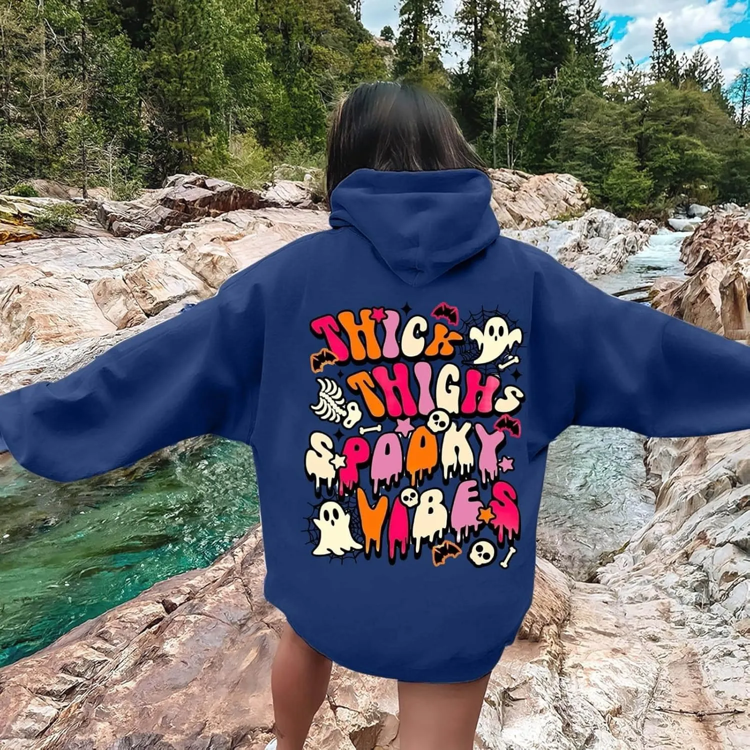 Oversized Hoodie for Women Thick Thighs and Spooky Vibes Casual Long Sleeve Drawstring Y2K Hooded Pullover Tops Travel Hoodie