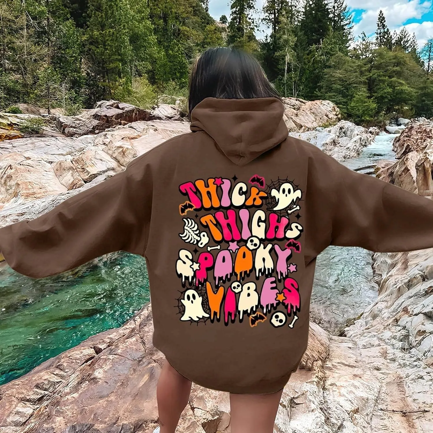 Oversized Hoodie for Women Thick Thighs and Spooky Vibes Casual Long Sleeve Drawstring Y2K Hooded Pullover Tops Travel Hoodie