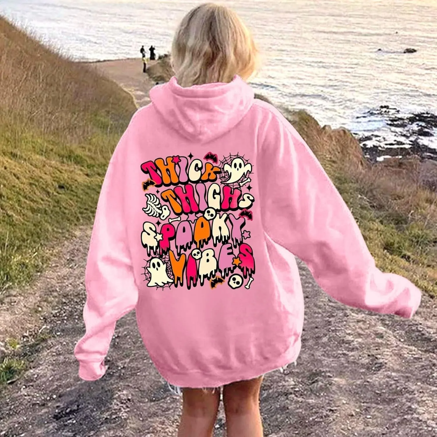 Oversized Hoodie for Women Thick Thighs and Spooky Vibes Casual Long Sleeve Drawstring Y2K Hooded Pullover Tops Travel Hoodie