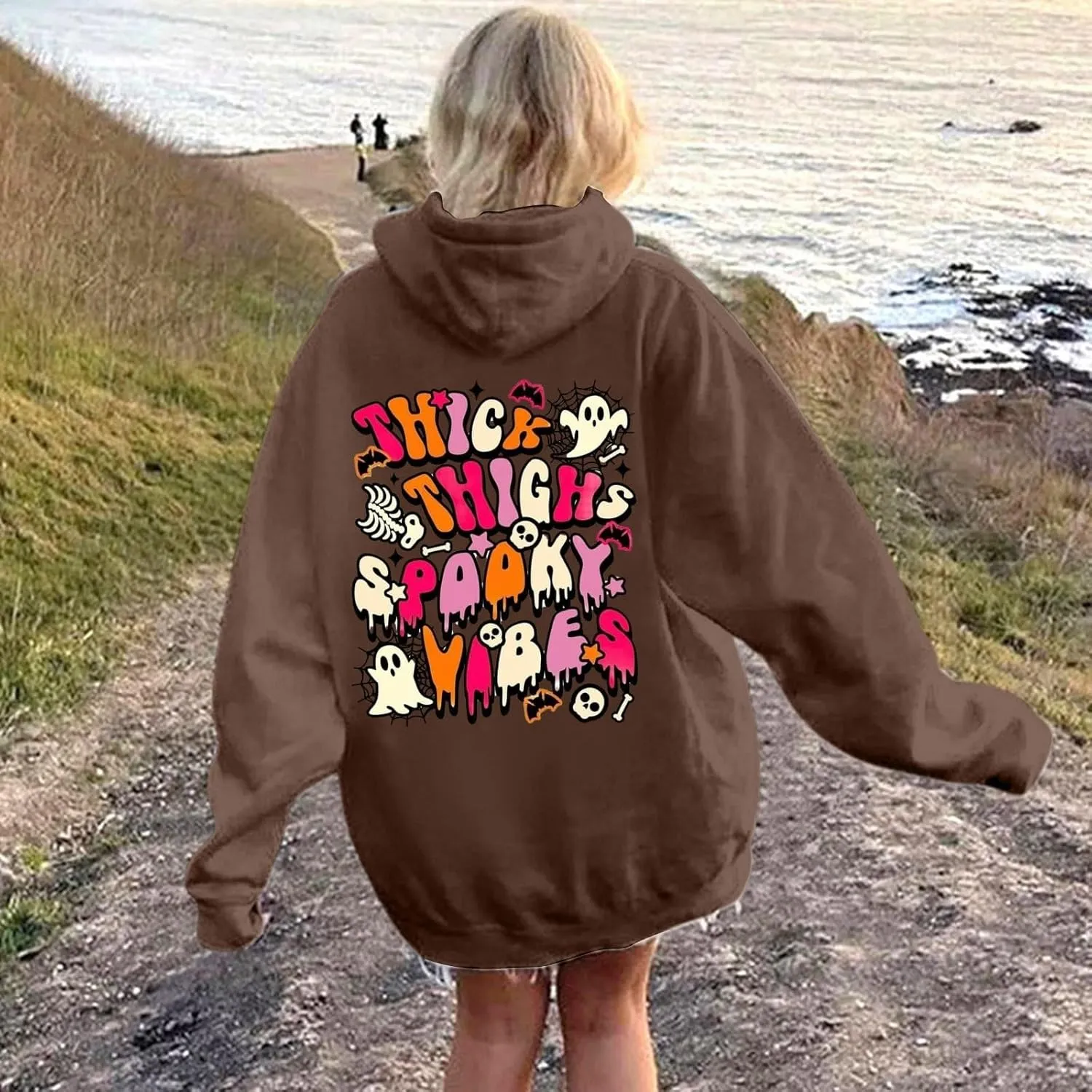 Oversized Hoodie for Women Thick Thighs and Spooky Vibes Casual Long Sleeve Drawstring Y2K Hooded Pullover Tops Travel Hoodie