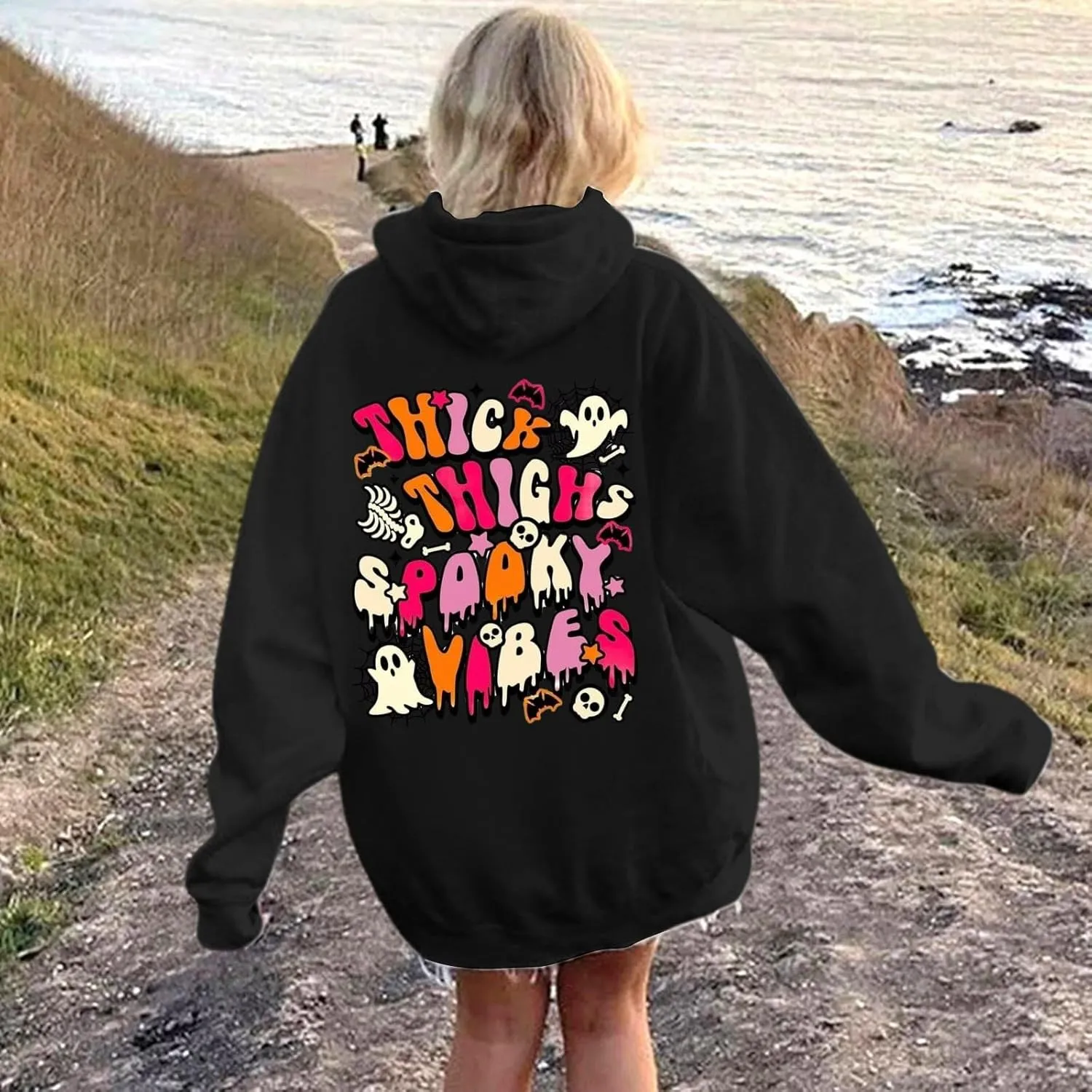 Oversized Hoodie for Women Thick Thighs and Spooky Vibes Casual Long Sleeve Drawstring Y2K Hooded Pullover Tops Travel Hoodie