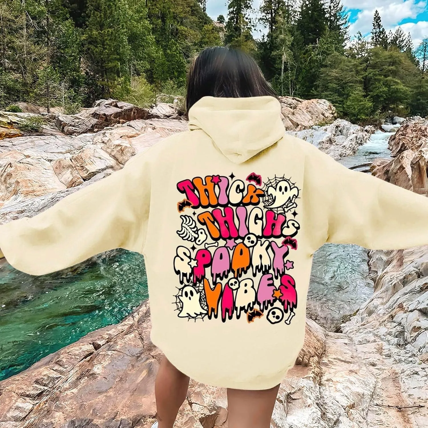 Oversized Hoodie for Women Thick Thighs and Spooky Vibes Casual Long Sleeve Drawstring Y2K Hooded Pullover Tops Travel Hoodie