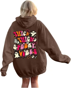 Oversized Hoodie for Women Thick Thighs and Spooky Vibes Casual Long Sleeve Drawstring Y2K Hooded Pullover Tops Travel Hoodie