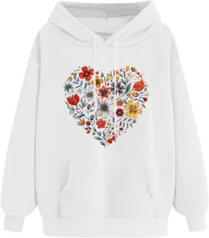 Oversized Sweatshirt for Women Heart Print Hoodie Cute Long Sleeve Sweatshirts Fleece Lined Hoodies with Pocket