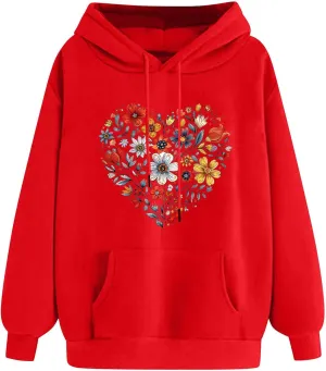Oversized Sweatshirt for Women Heart Print Hoodie Cute Long Sleeve Sweatshirts Fleece Lined Hoodies with Pocket