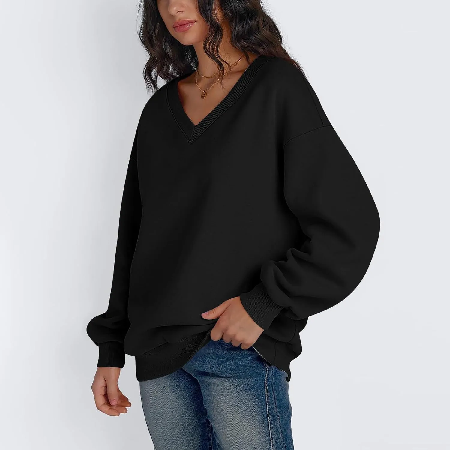 Oversized Sweatshirt For Women Plus Size V Neck Long Sleeve Drop Shoulder Pullover Hoodies Trendy Winter Clothes