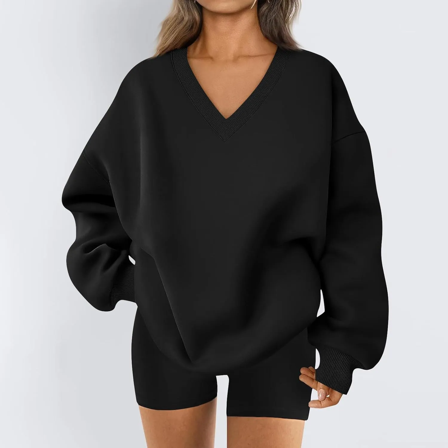 Oversized Sweatshirt For Women Plus Size V Neck Long Sleeve Drop Shoulder Pullover Hoodies Trendy Winter Clothes