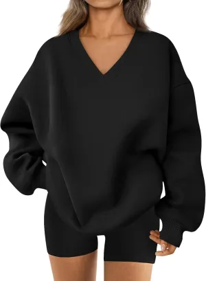 Oversized Sweatshirt For Women Plus Size V Neck Long Sleeve Drop Shoulder Pullover Hoodies Trendy Winter Clothes