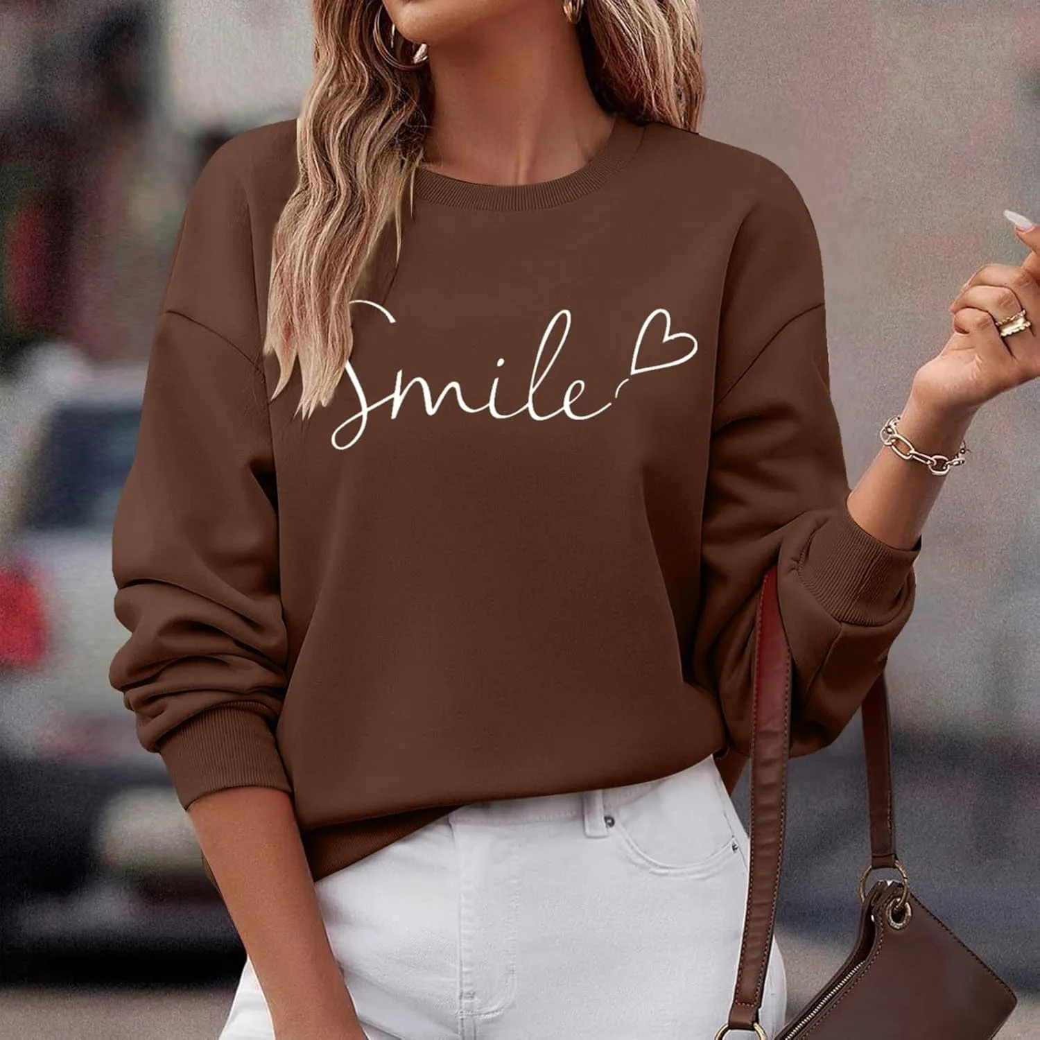 Oversized Sweatshirts for Women Smile Letter Graphic Crewneck Long Sleeve Pullover Tops Fleece Fall Preppy Shirts