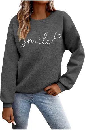 Oversized Sweatshirts for Women Smile Letter Graphic Crewneck Long Sleeve Pullover Tops Fleece Fall Preppy Shirts