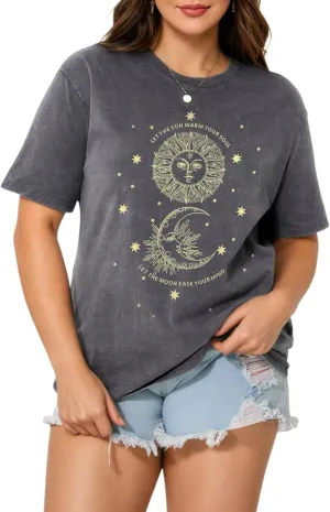 Oversized Vintage Tshirts for Women Plus Size Acid Wash Grunge Tops Thick Cotton Shirts Baggy Band Tees XL-5XL