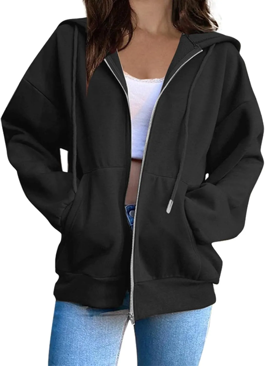Oversized Zip Up Hoodie for Women Fall Y2k Jacket Fleece Long Sleeve Sweatshirt with Pocket Fashion Clothes 2024