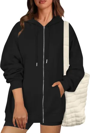 Oversized Zip Up Hoodie for Women Y2k Drawstring Fleece Jacket Long Sleeve Hooded Pullover Sweatshirts with Pockets
