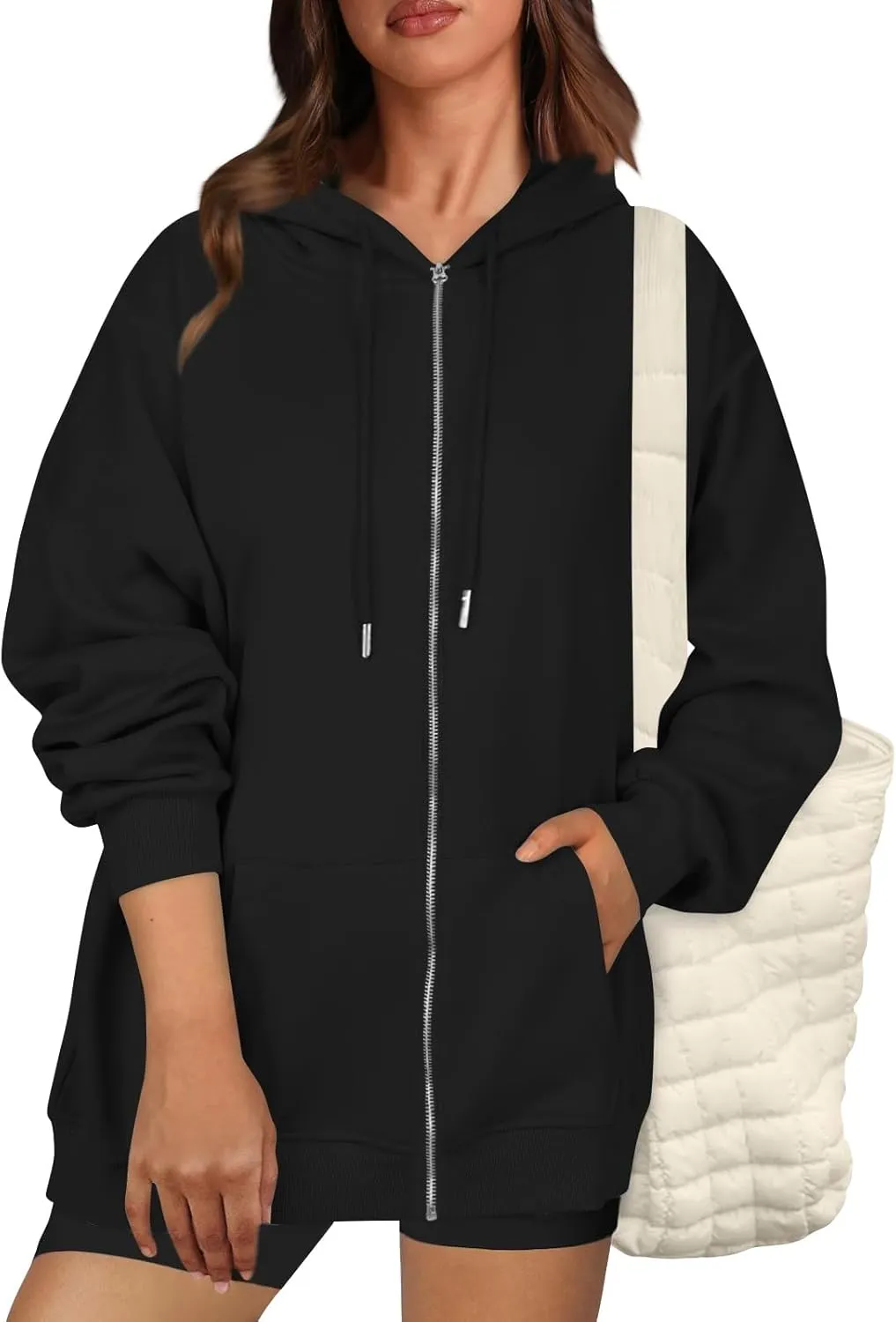 Oversized Zip Up Hoodie for Women Y2k Drawstring Fleece Jacket Long Sleeve Hooded Pullover Sweatshirts with Pockets