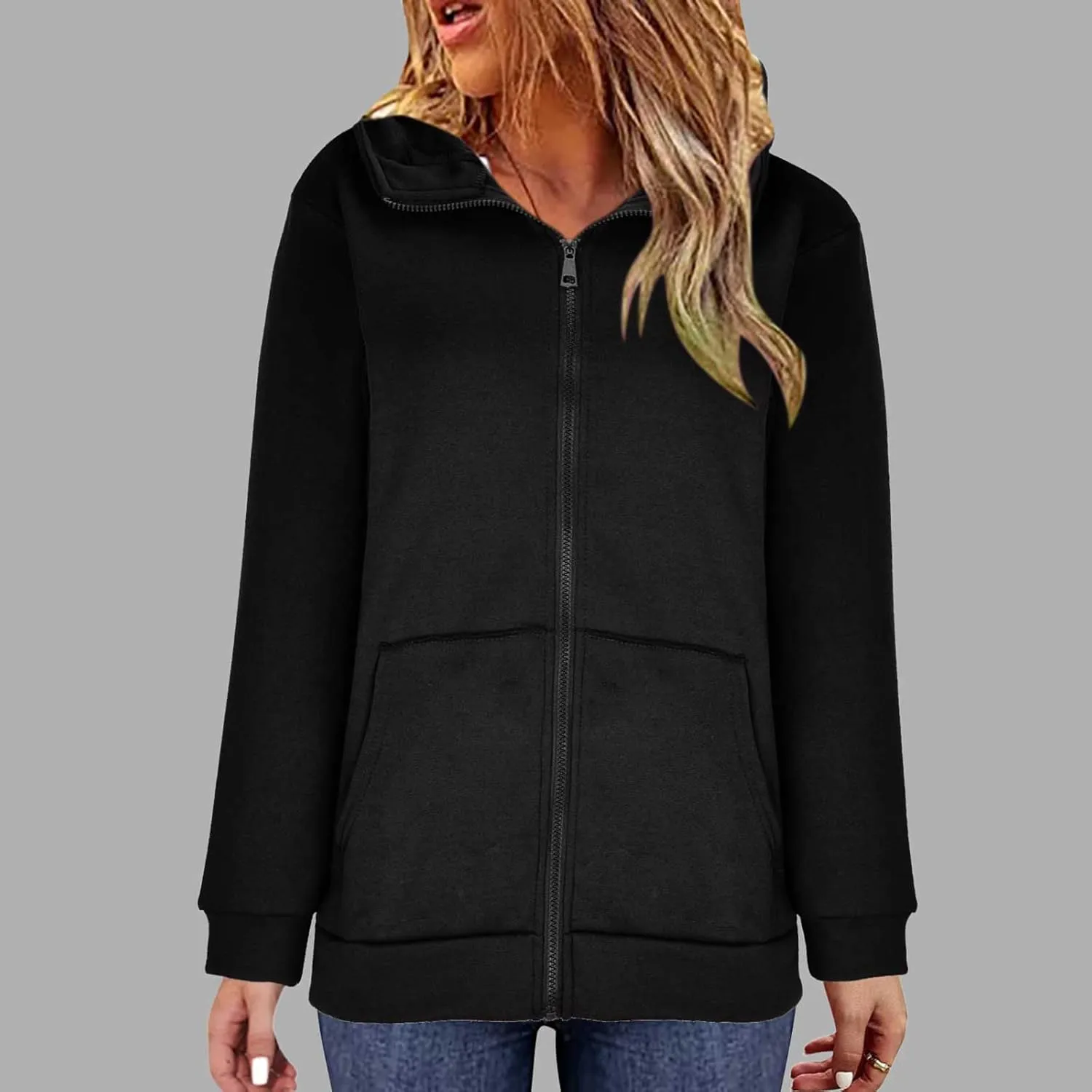 Oversized Zipper Hooded Jackets for Women Plus Size Casual Fleece Long Sleeve Hoodie Sweatshirts with Pocket S-5XL