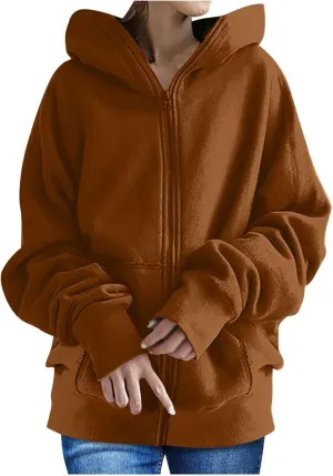Oversized Zipper Hooded Jackets for Women Plus Size Casual Fleece Long Sleeve Hoodie Sweatshirts with Pocket S-5XL