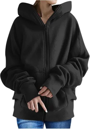 Oversized Zipper Hooded Jackets for Women Plus Size Casual Fleece Long Sleeve Hoodie Sweatshirts with Pocket S-5XL