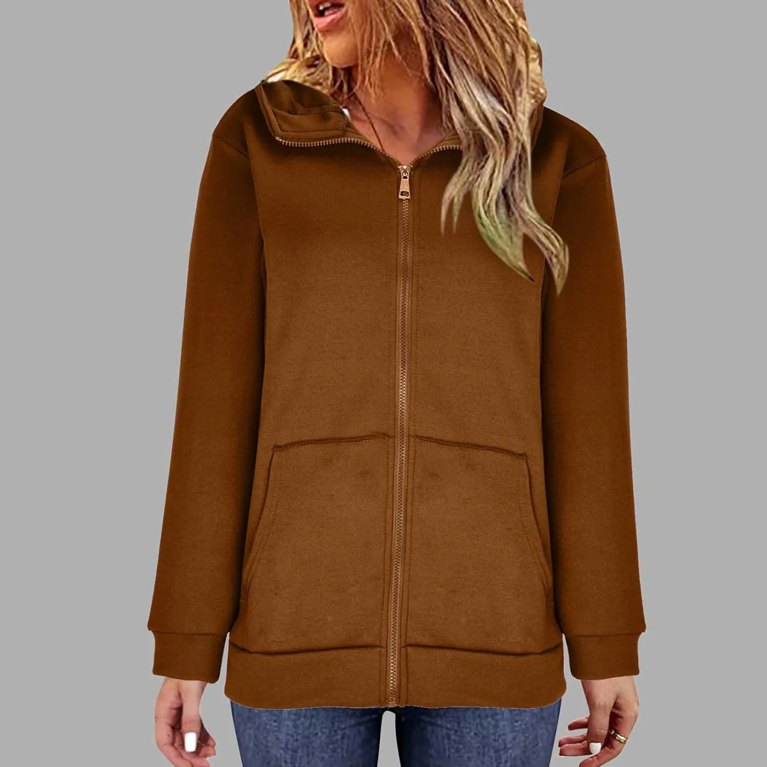 Oversized Zipper Hooded Jackets for Women Plus Size Casual Fleece Long Sleeve Hoodie Sweatshirts with Pocket S-5XL