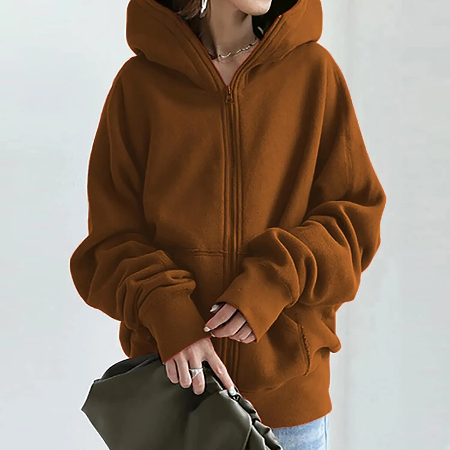 Oversized Zipper Hooded Jackets for Women Plus Size Casual Fleece Long Sleeve Hoodie Sweatshirts with Pocket S-5XL