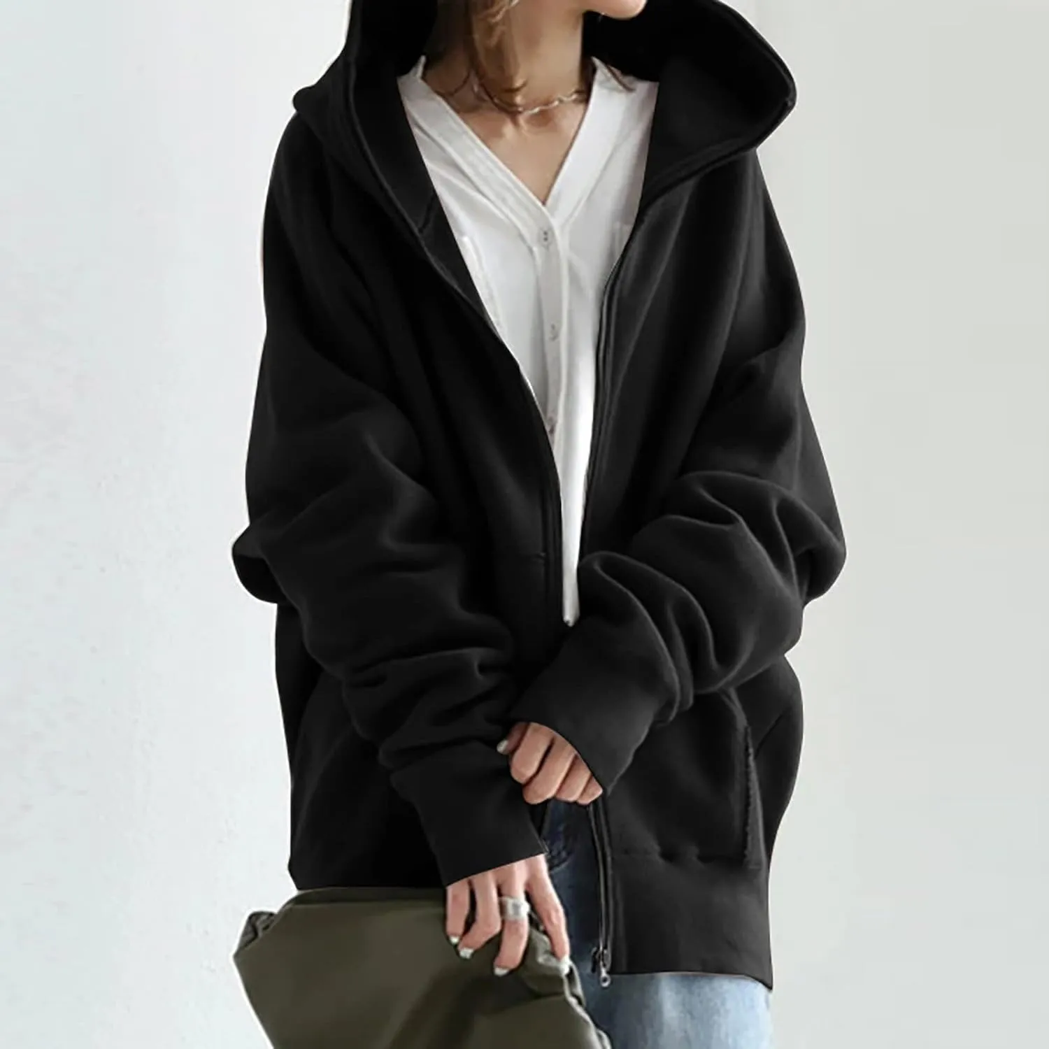 Oversized Zipper Hooded Jackets for Women Plus Size Casual Fleece Long Sleeve Hoodie Sweatshirts with Pocket S-5XL