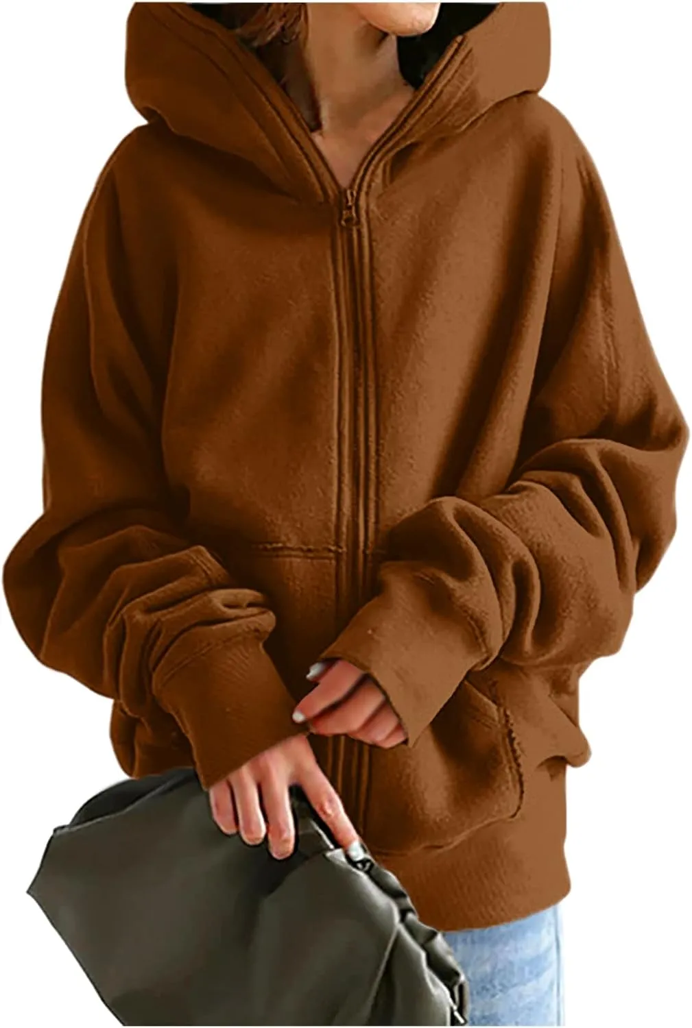 Oversized Zipper Hooded Jackets for Women Plus Size Casual Fleece Long Sleeve Hoodie Sweatshirts with Pocket S-5XL