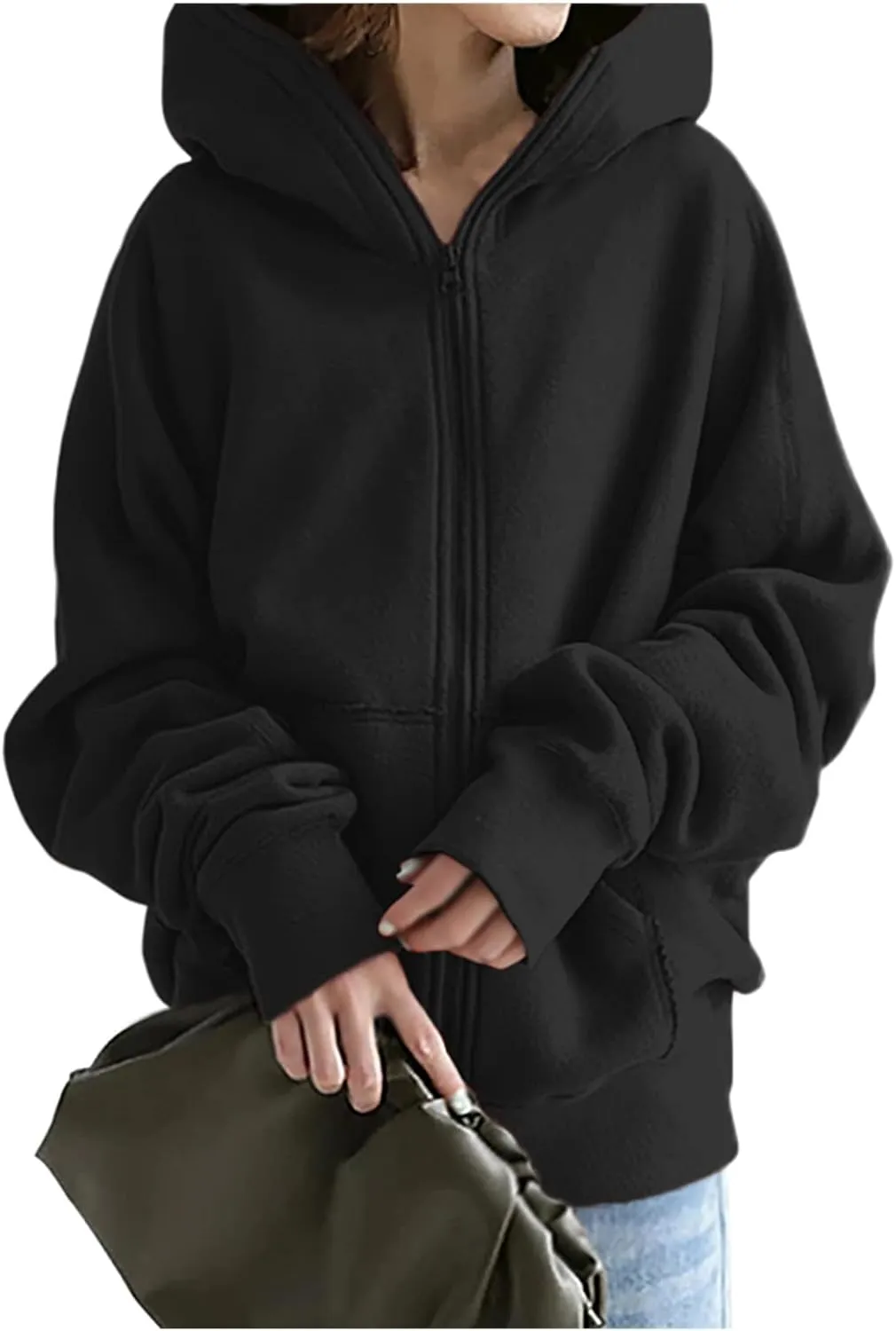 Oversized Zipper Hooded Jackets for Women Plus Size Casual Fleece Long Sleeve Hoodie Sweatshirts with Pocket S-5XL