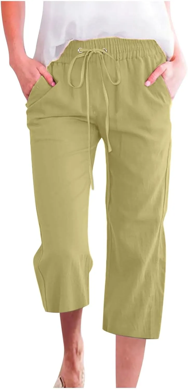 Palazzo Capris for Women Linen Cropped Pants Straight Leg with Pockets Drawstring Casual Flowy Linen Shorts for Women