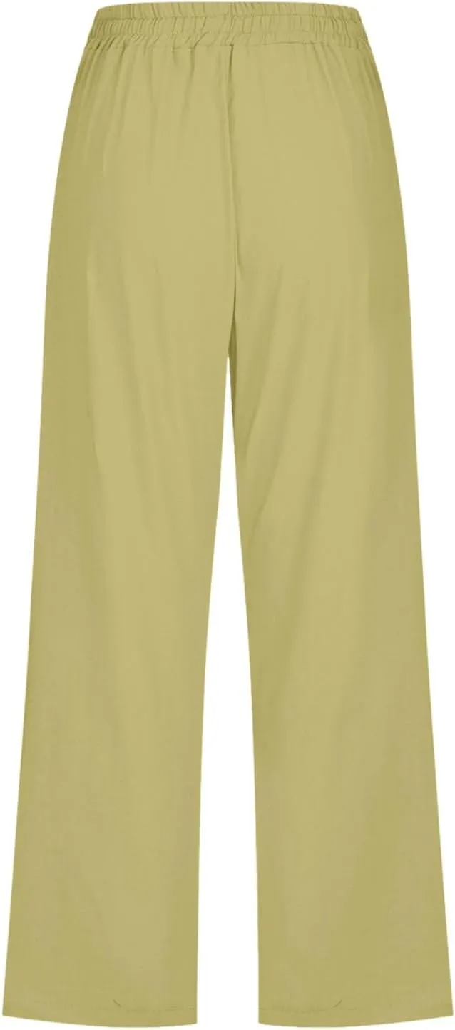 Palazzo Capris for Women Linen Cropped Pants Straight Leg with Pockets Drawstring Casual Flowy Linen Shorts for Women