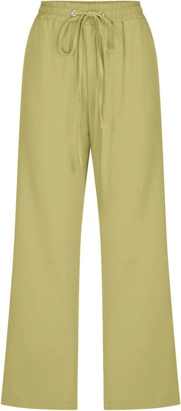 Palazzo Capris for Women Linen Cropped Pants Straight Leg with Pockets Drawstring Casual Flowy Linen Shorts for Women