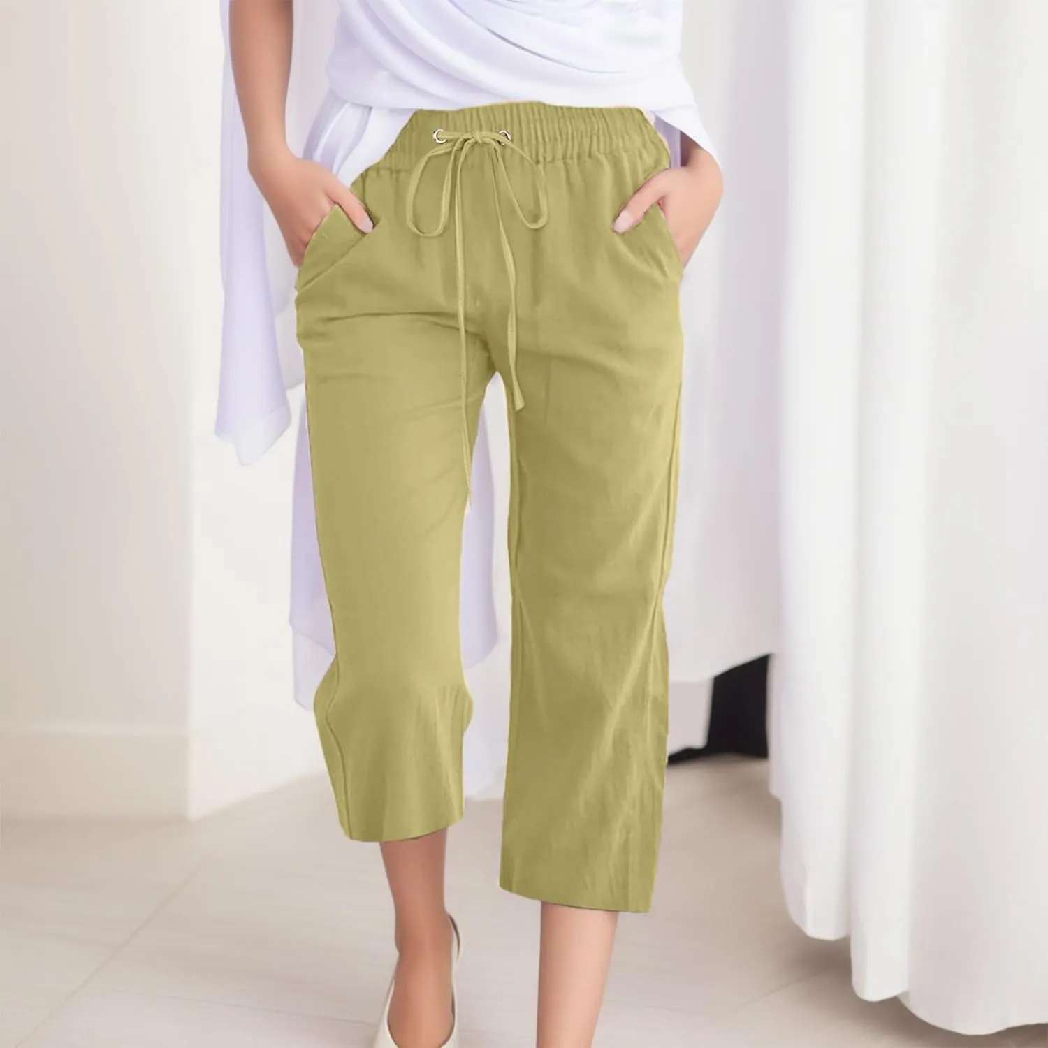 Palazzo Capris for Women Linen Cropped Pants Straight Leg with Pockets Drawstring Casual Flowy Linen Shorts for Women