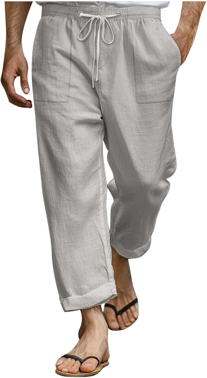 Pants for Men Basic Lightweight Drawstring Elastic Waist Linen Trousers Casual Fashion Summer Classic Beach Clothes