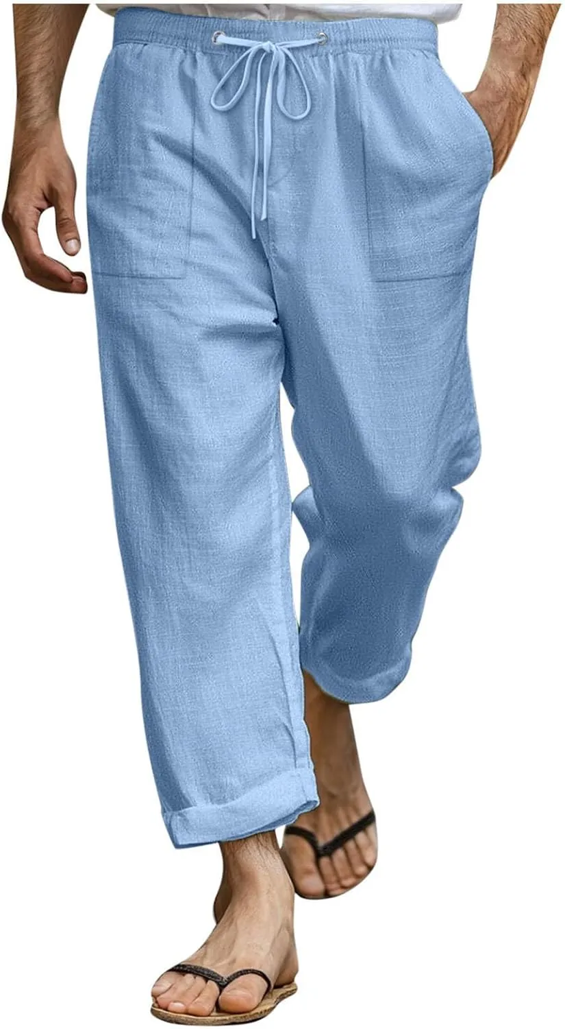 Pants for Men Basic Lightweight Drawstring Elastic Waist Linen Trousers Casual Fashion Summer Classic Beach Clothes