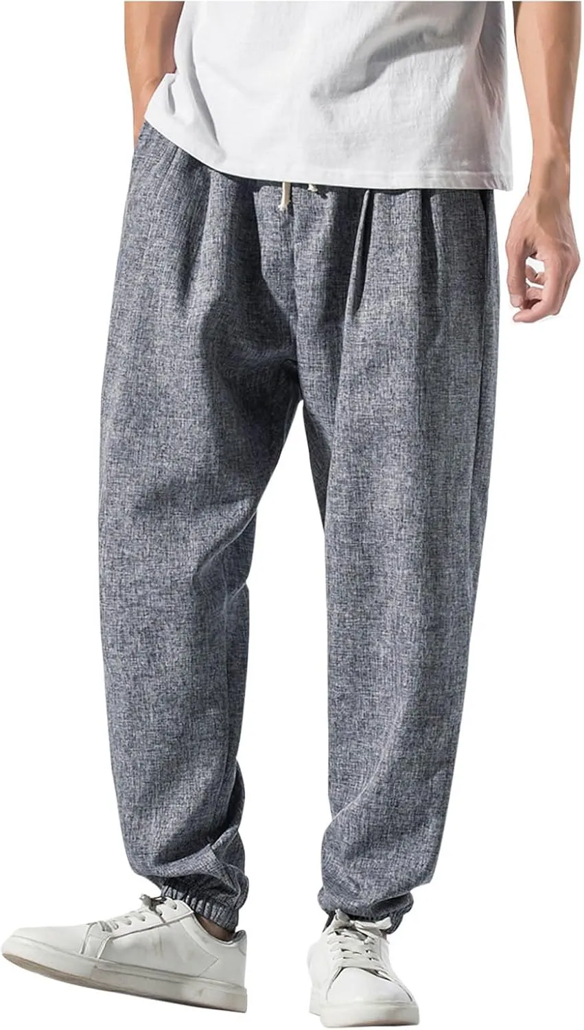 Pants Men Silm Fit Casual Lightweight Drawstring Linen Trousers with Pocket Trendy Breathable Comfy Workout Clothes