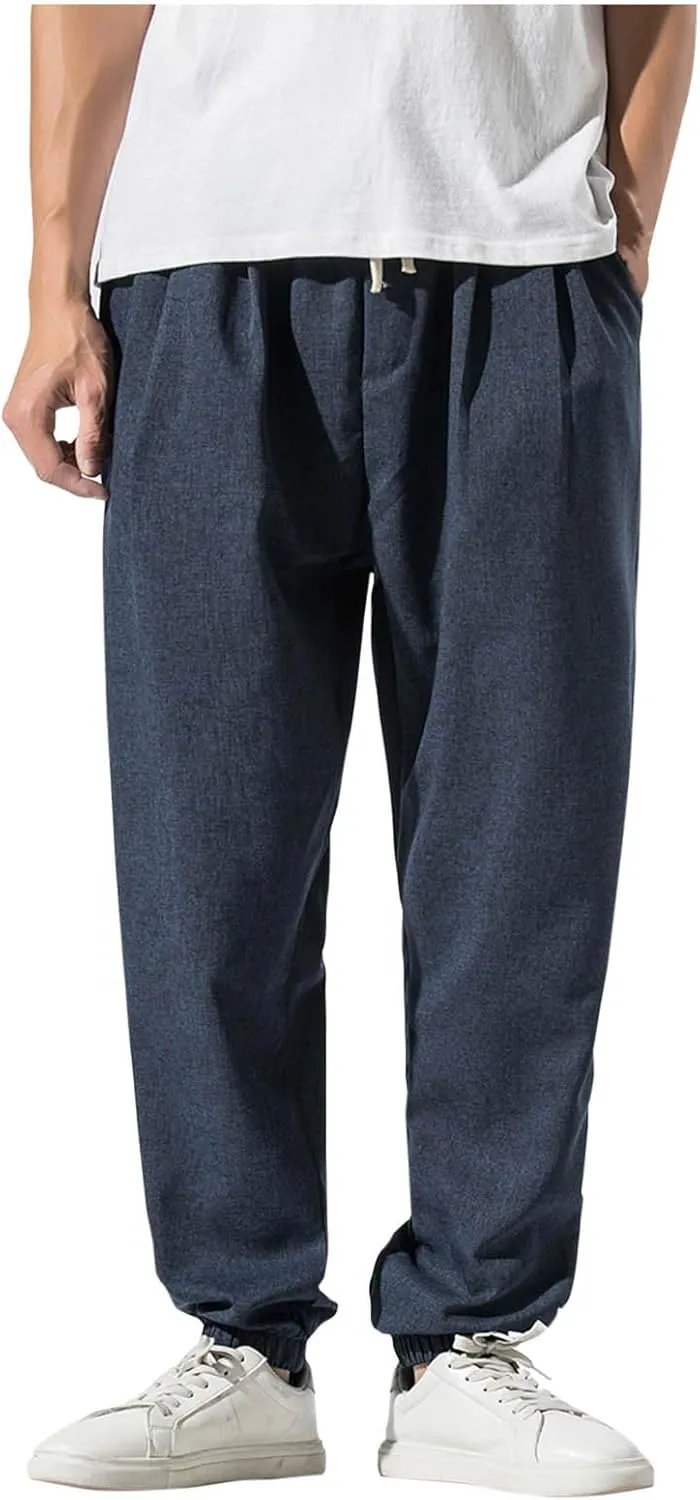 Pants Men Silm Fit Casual Lightweight Drawstring Linen Trousers with Pocket Trendy Breathable Comfy Workout Clothes